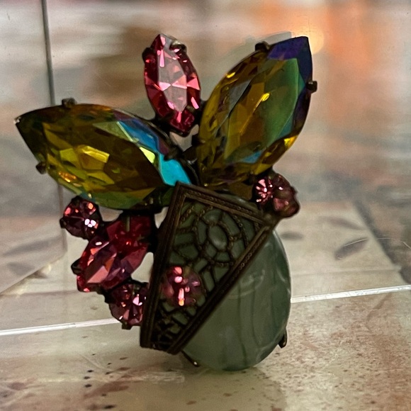 Vintage Alice Caviness Lava Rock Art Glass AB Rhinestone Clip On Earrings - Picture 4 of 10